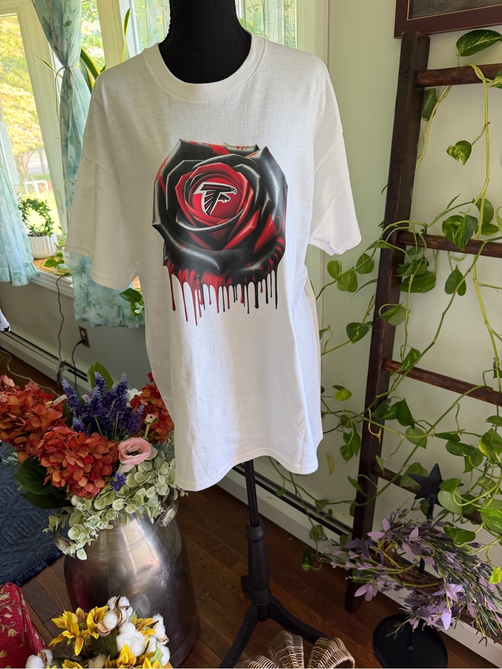 Atlanta Falcons White Tee with Red & Black Dripping Rose Graphic